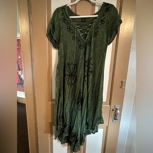 Green hippie fairy midi boho dress XL